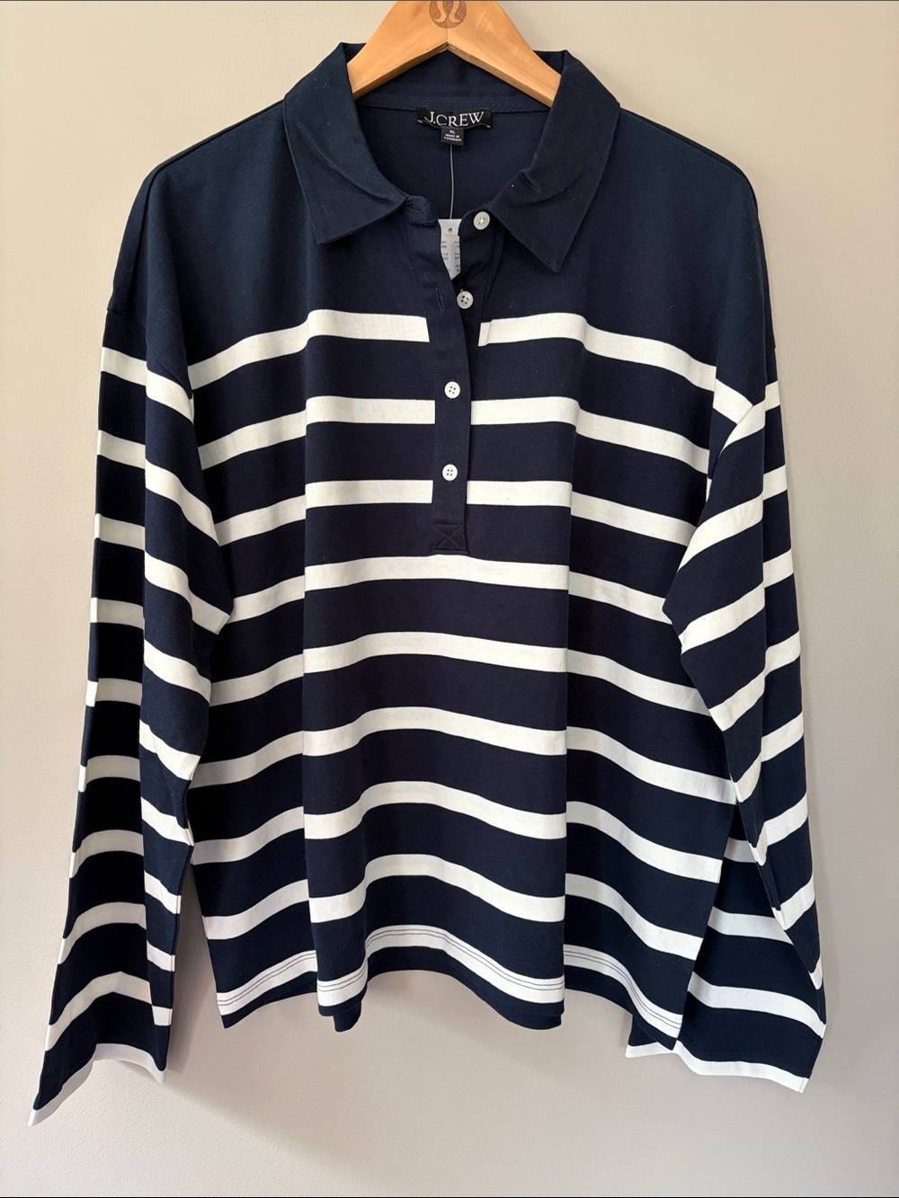 J. Crew Mariner Polo Rugby Shirt Striped Size XL Navy Blue White Long Sleeve NWT